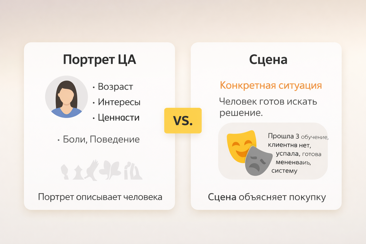 Портрет описывает человека. Сцена объясняет покупку.