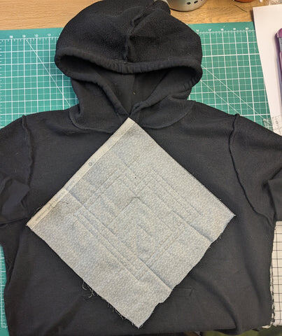 предварительно простегать блок, прикрепляя его к куску синтепона и ткани; это немного утяжеляет блок, а также может служить ориентиром при пришивании блока к толстовке