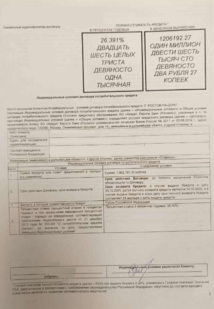 Кредитный договор в АО "Кредит Европа Банк"