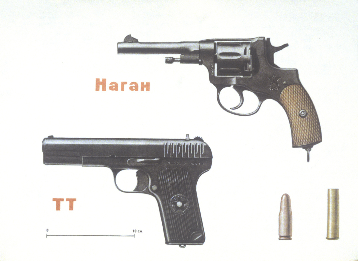     Наган - револьвер 7,62-мм образца 1985 года и пистолет ТТ 7,62-мм. Репродукция иллюстрации из книги "Оружие Победы" издательства "Молодая гвардия", 1975 г. / РИА Новости / Хоменко