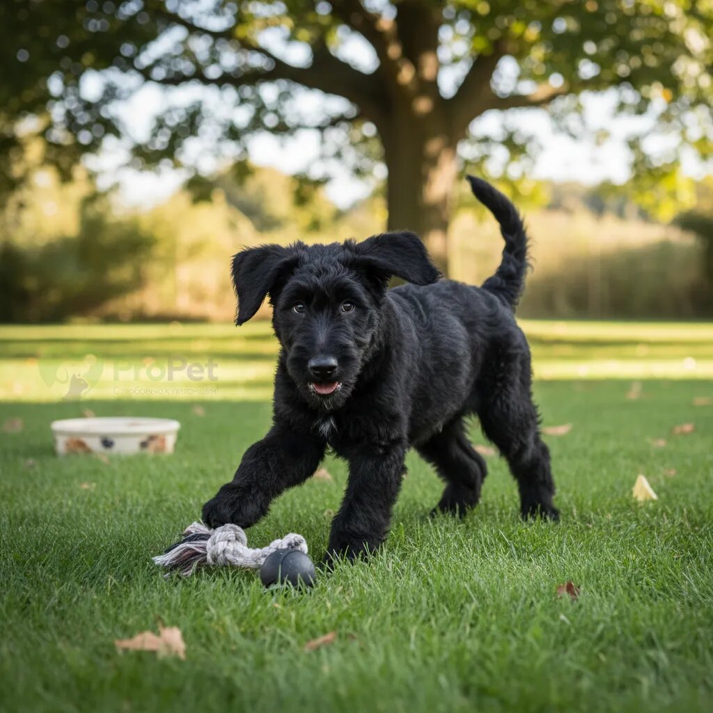 Щенок русского черного терьера играет с игрушкой