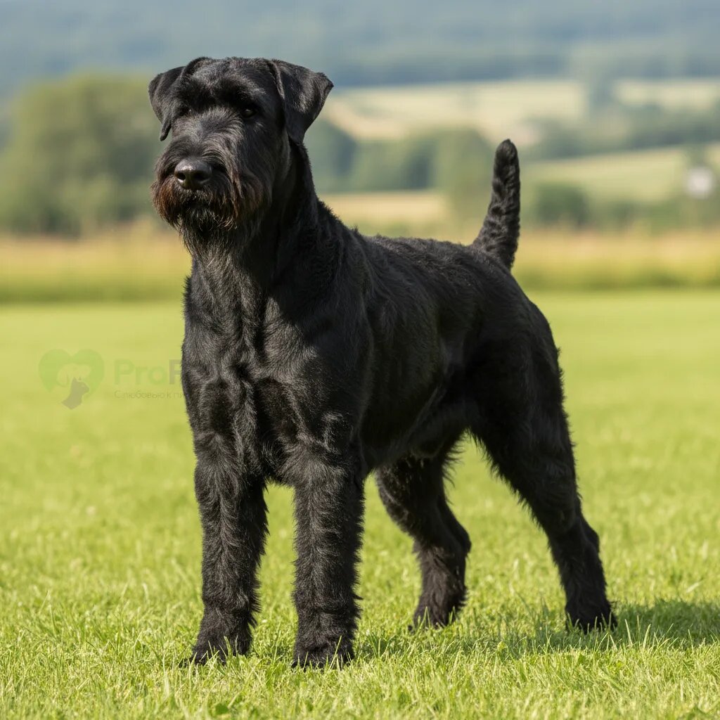Русский черный терьер в стойке на траве