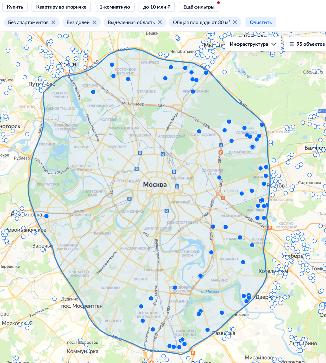 Объявления на «Циане»: 1-комнатные квартиры на вторичном рынке Москвы внутри МКАД до 10 млн рублей.