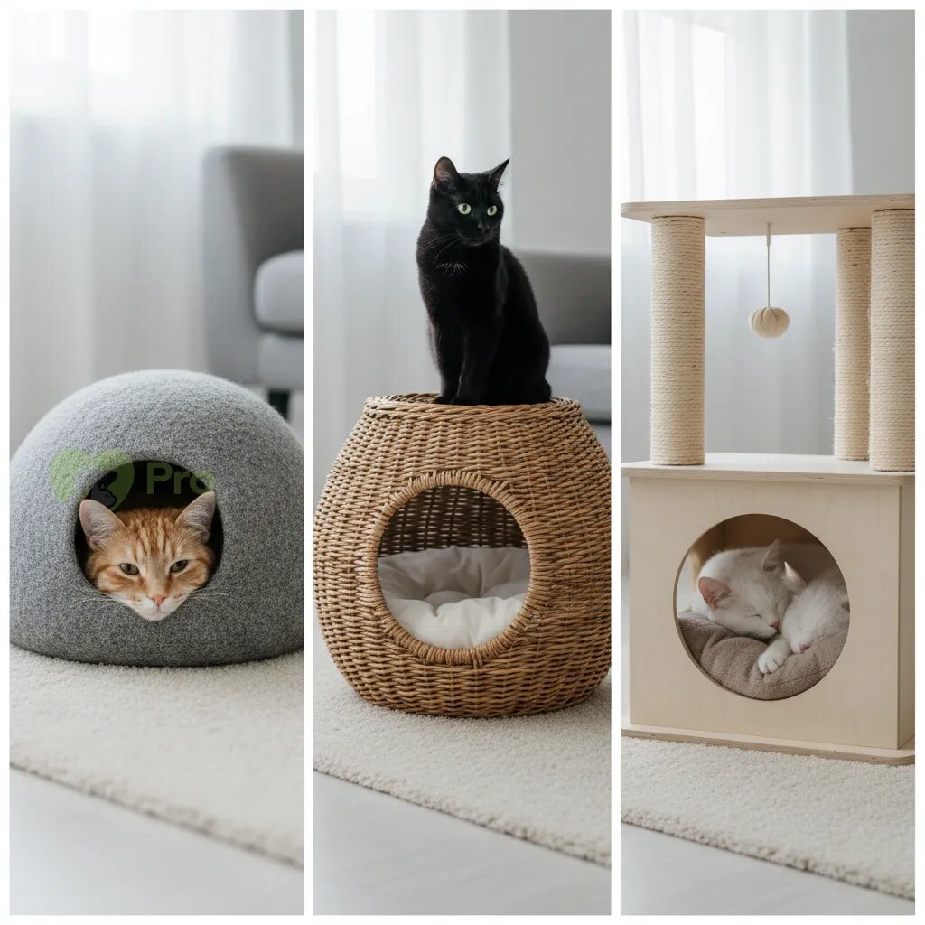 Коллаж из трех разных типов кошачьих домиков: мягкий войлочный, плетеный из лозы и встроенный в игровой комплекс.