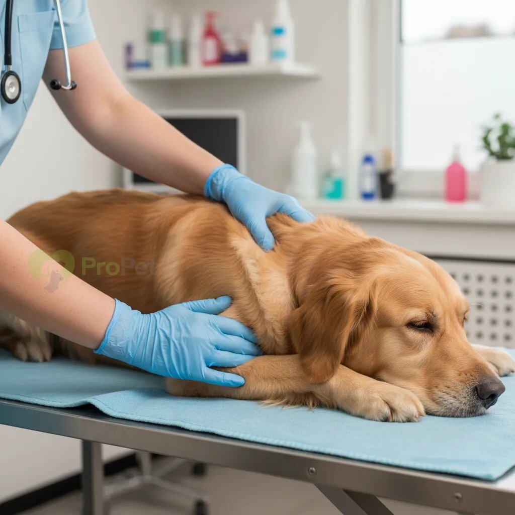 Руки ветеринара аккуратно разминают мышцы на спине собаки