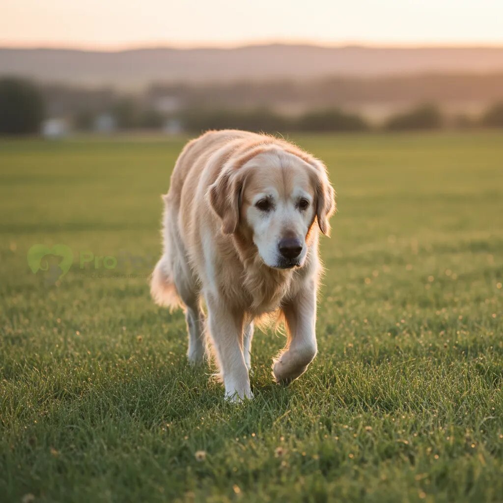 Пожилая собака породы золотистый ретривер осторожно идет по траве