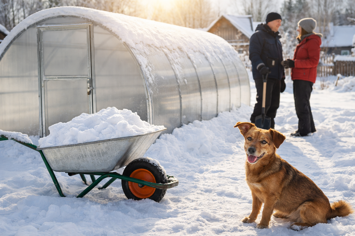 Освобождаем теплицу от снега всей семьей
