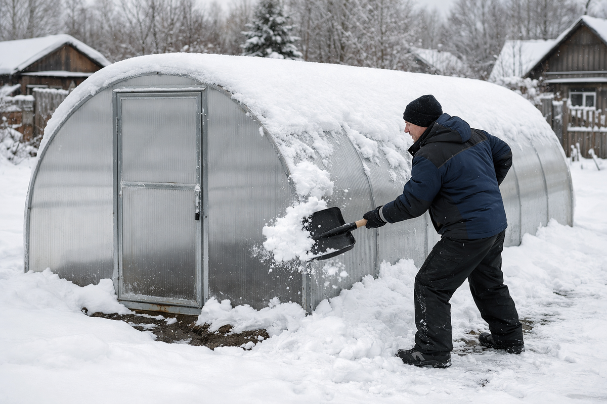 Важно убирать снег с теплицы постепенно