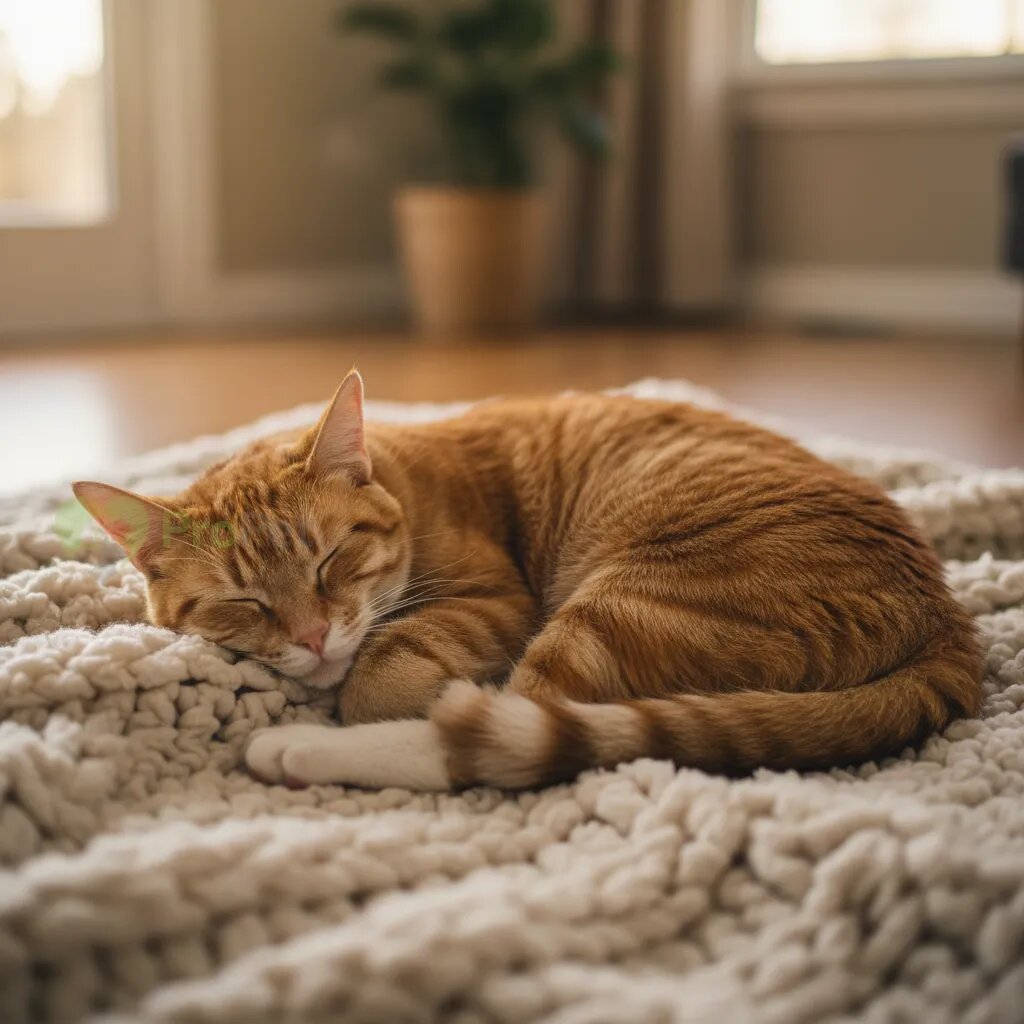 Спокойная кошка отдыхает на мягком пледе