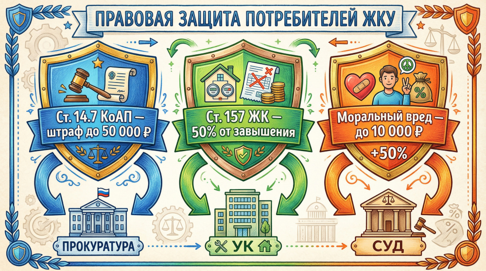    Российское законодательство предоставляет потребителю три независимых правовых инструмента для взыскания компенсаций при ошибке в квитанции ЖКХ