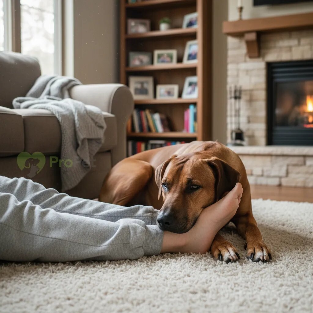 Родезийский риджбек отдыхает у ног хозяина в доме