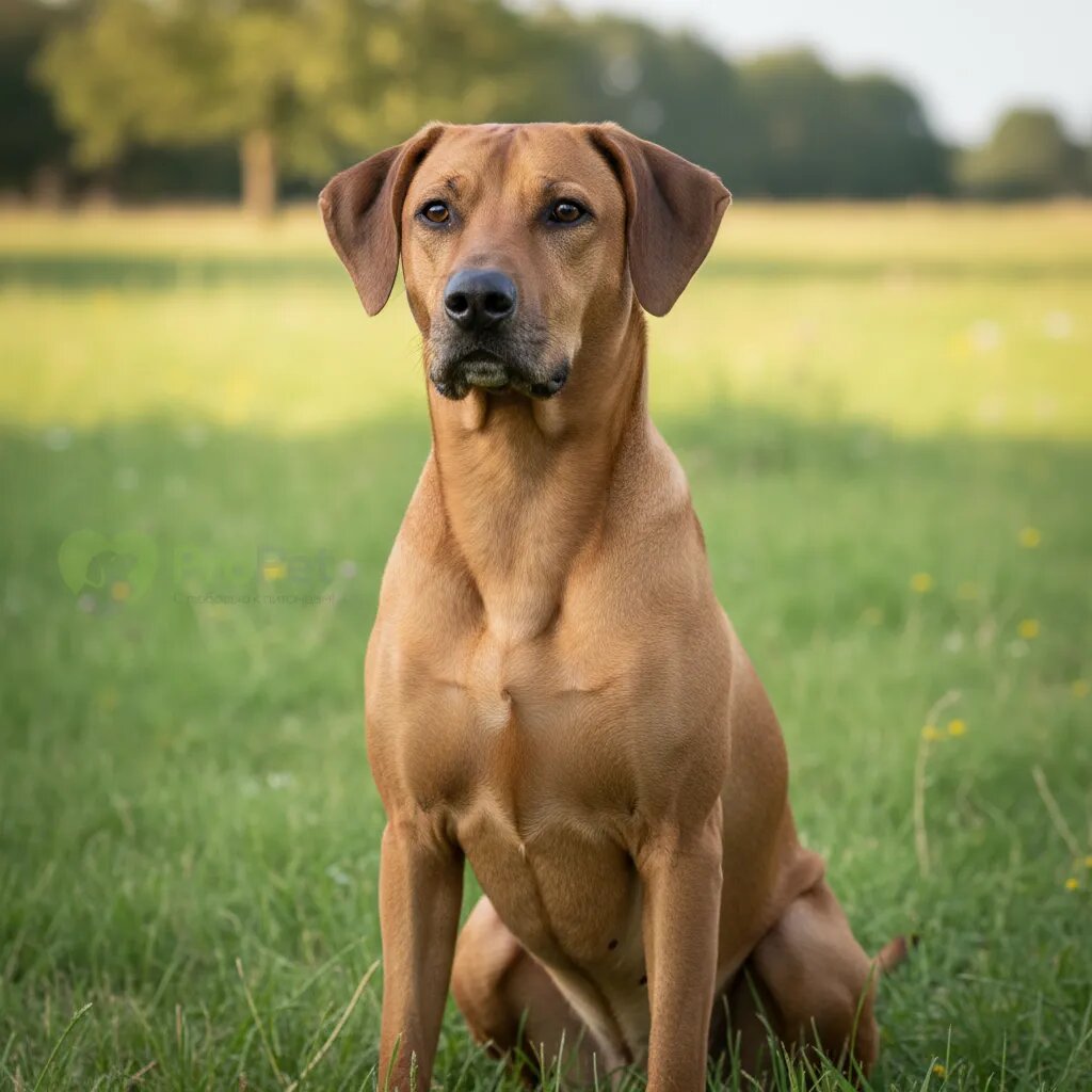 Родезийский риджбек с умным взглядом сидит на траве