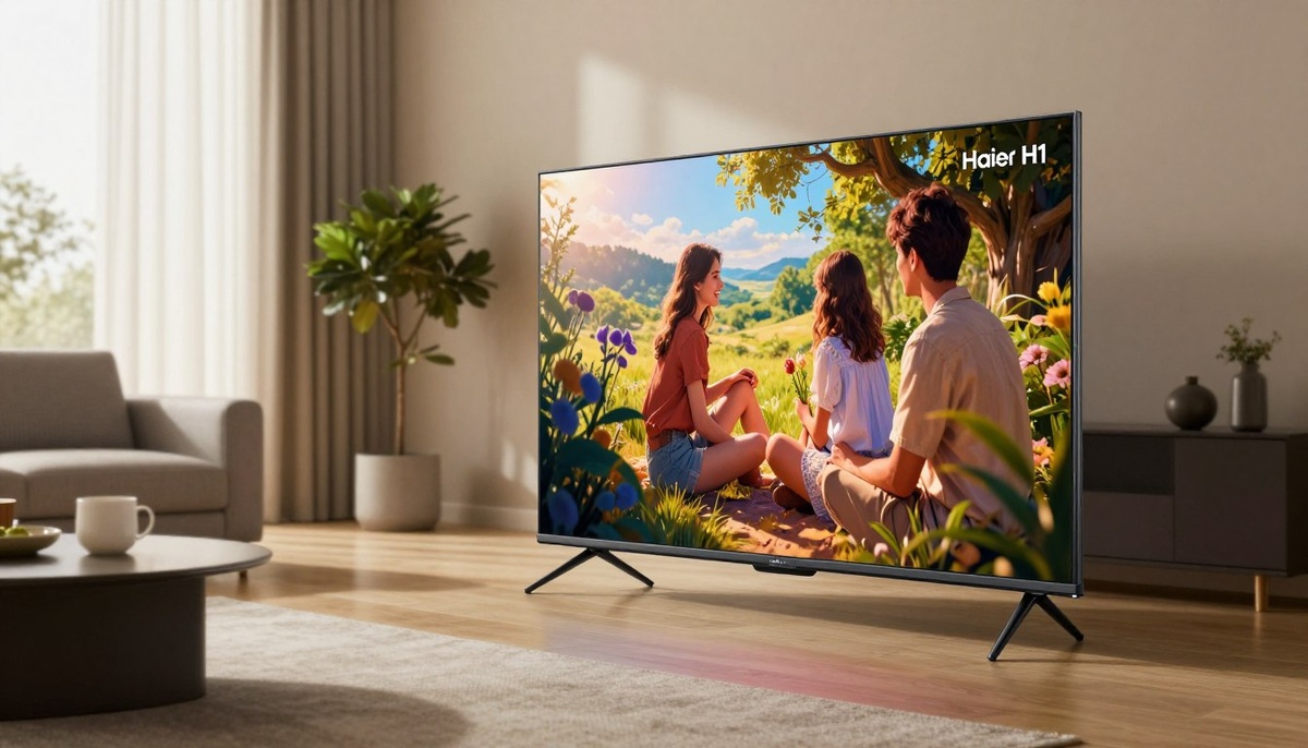 Стильный и современный 50-дюймовый телевизор Haier H1 smart TV с ультратонким дизайном и элегантными черными рамками, поблескивающими при мягком теплом освещении, расположен на переднем плане. Экран демонстрирует яркие цвета, что подчеркивает его возможности в области высокой четкости. Посередине видна стильная гостиная с современной мебелью, такой как уютный серый диван и декоративные элементы, такие как комнатные растения и журнальный столик. На заднем плане - светлое, просторное окно с прозрачными занавесками, пропускающими естественный свет и создающими уютную атмосферу. Слегка наклоненный угол обзора позволяет видеть экран телевизора и атмосферу в комнате, создавая ощущение современной изысканности и комфорта, что идеально подходит для демонстрации возможностей Haier H1.