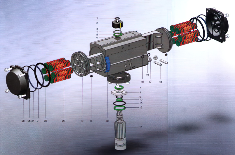 Рисунок 1 — Пневматический привод KVANT в разборе. [1 -  Индикаторный винт, 2 — Индикатор, 3 - Пружинный зажим, 4 - Упорная шайба, 5 - Внешняя шайба, 6 - Корпус (алюминиевый сплав), 7 - Внутренняя шайба, 8 — Эксцентрик, 9 - Уплотнительное кольцо , 10 — Подшипник, 11 -  Шестерня, 12 - Подшипник (нижняя шестерня), 13 - Уплотнительное кольцо,  нижней шестерни, 14 — Пробка, 15 - Уплотнительное кольцо (регулировочный винт), 16 - Шайба (регулировочный винт), 17 - Гайка (регулировочный винт), 18 - Регулировочный винт, 19 — Поршень, 20 - Направляющая (поршневая), 21 - Подшипник (поршень), 22 - Уплотнительное кольцо (поршень), 23 — Пружина, 24 - Уплотнительное кольцо (и колпачок),  25 -  Торцевая крышка, 26 - Колпачковый винт]