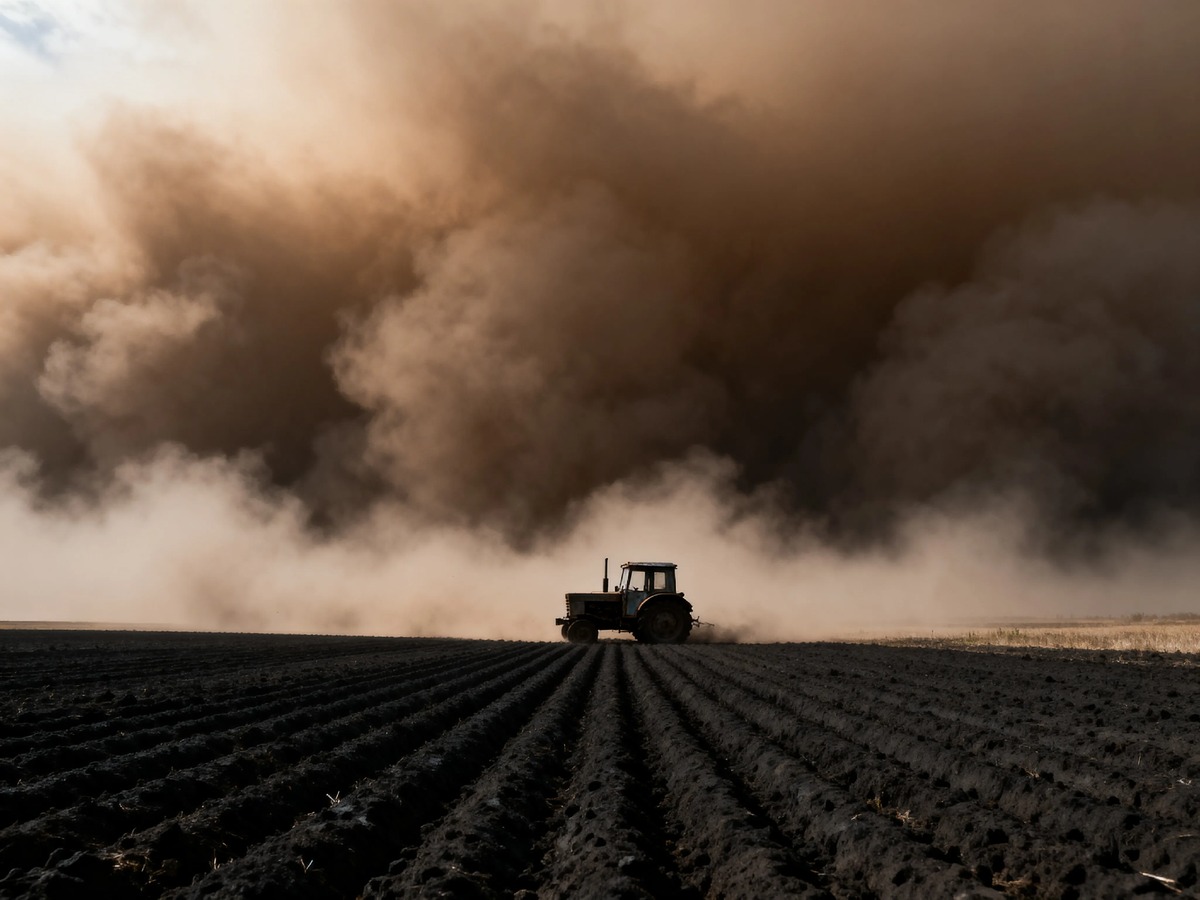 Идеальные ряды свежевспаханной чернозёмной степи уходят за горизонт — это кадр, который в 1954‑м печатали в журналах как символ победы над природой. А через шесть лет на это же поле надвинулась стена пыли, похоронив под собой не только урожай, но и веру в то, что земля прощает насилие. Трактор брошен поперёк борозды — водитель ушёл, и больше не вернулся.