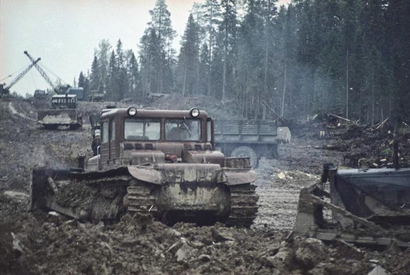 Строительная техника на просеке. Всеволод Тарасевич, 1965 год, Архангельская обл., МАММ/МДФ.
