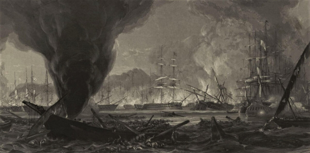 «Action in the bay of Navarino». Морское сражение при Наварино 1827 г. Даниэль. 1828 г. Фрагмент.