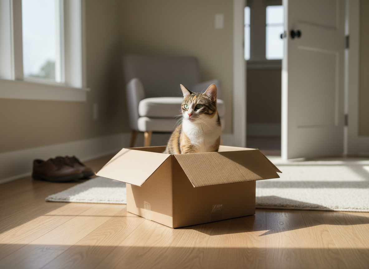 Кот сидит в коробке у двери, настороженно слушая и следя за происходящим в домашней атмосфере.