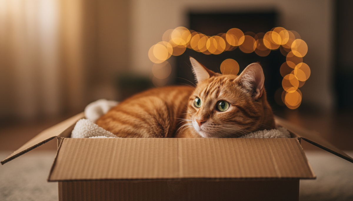 от свернулся калачиком в картонной коробке, внимательно наблюдая за входом, сочетая уют и настороженность.