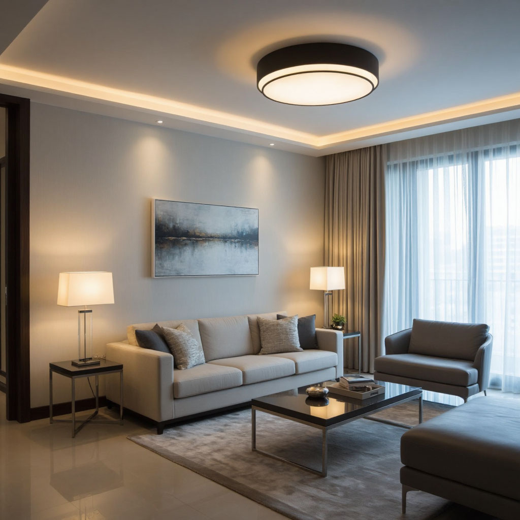 Современная гостиная с энергосберегающими лампами