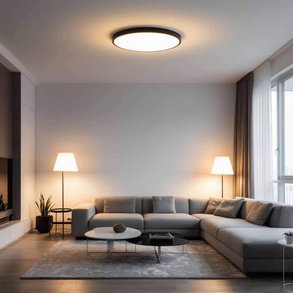 Современная гостиная с энергосберегающими лампами