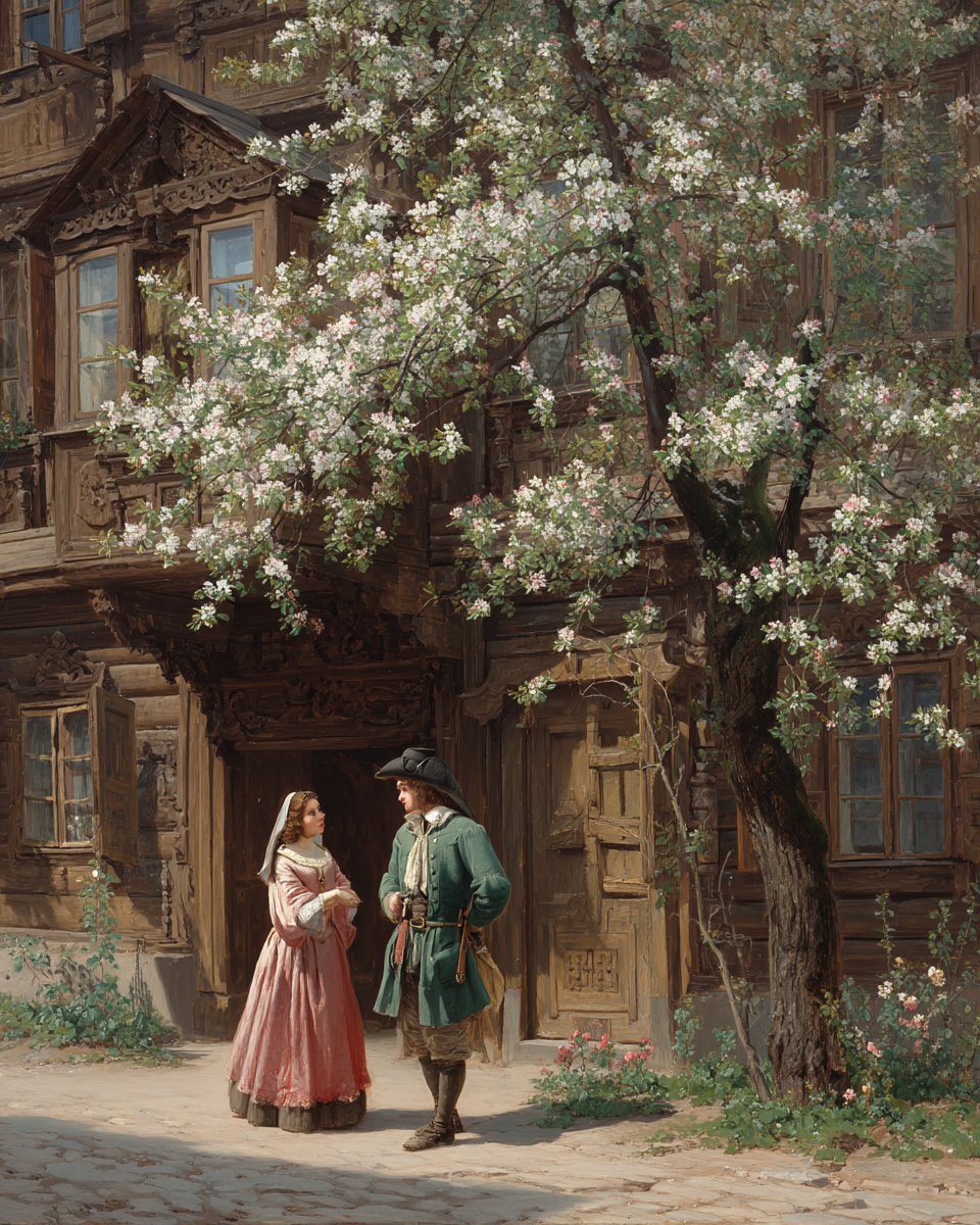 Петр I в простой одежде беседует с юной Анной Монс в саду Немецкой слободы.