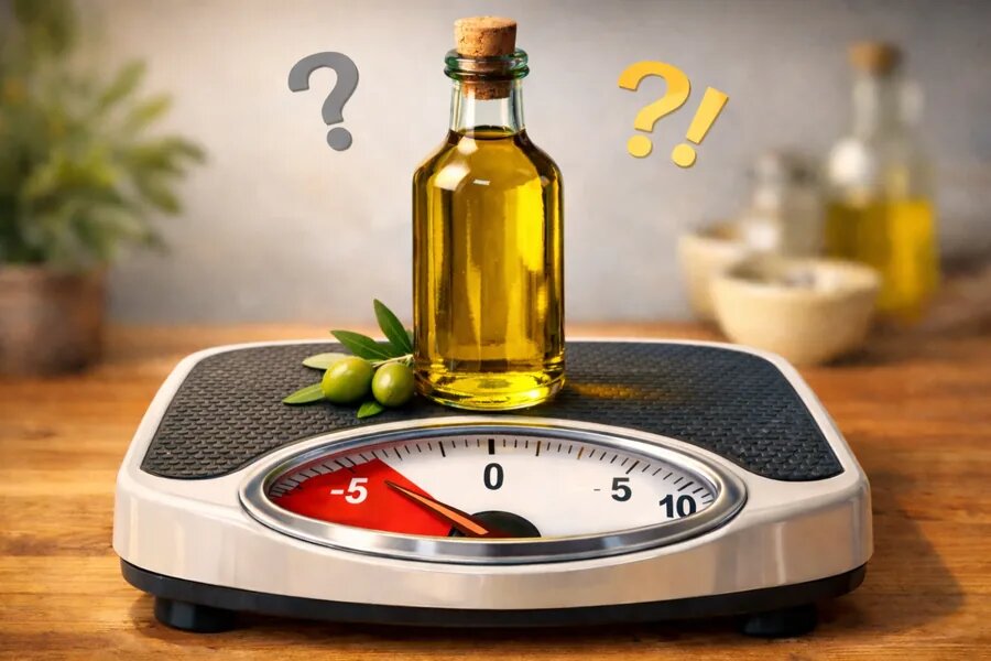Бутылка оливкового масла на весах для взвешивания веса тела как символ пародоксального но позитивного влияния на контроль веса и похудение.