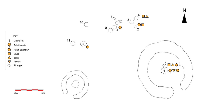 Могильник Баллинакарига, графство Корк. Квадратики - детские могилы, треугольник углом вверх - младенцы, перевёрнутый углом вниз - эмбрион