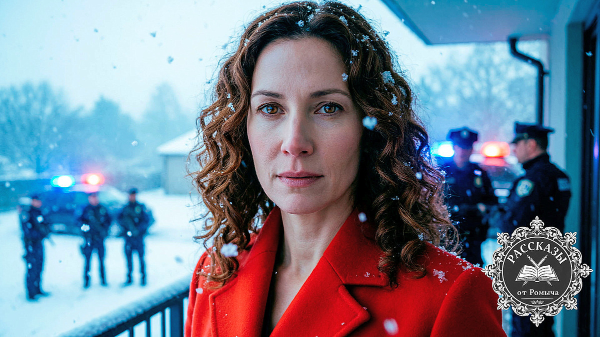 Женщина в ярко-красном пальто стоит на балконе зимним вечером, наблюдая за работой полиции во дворе