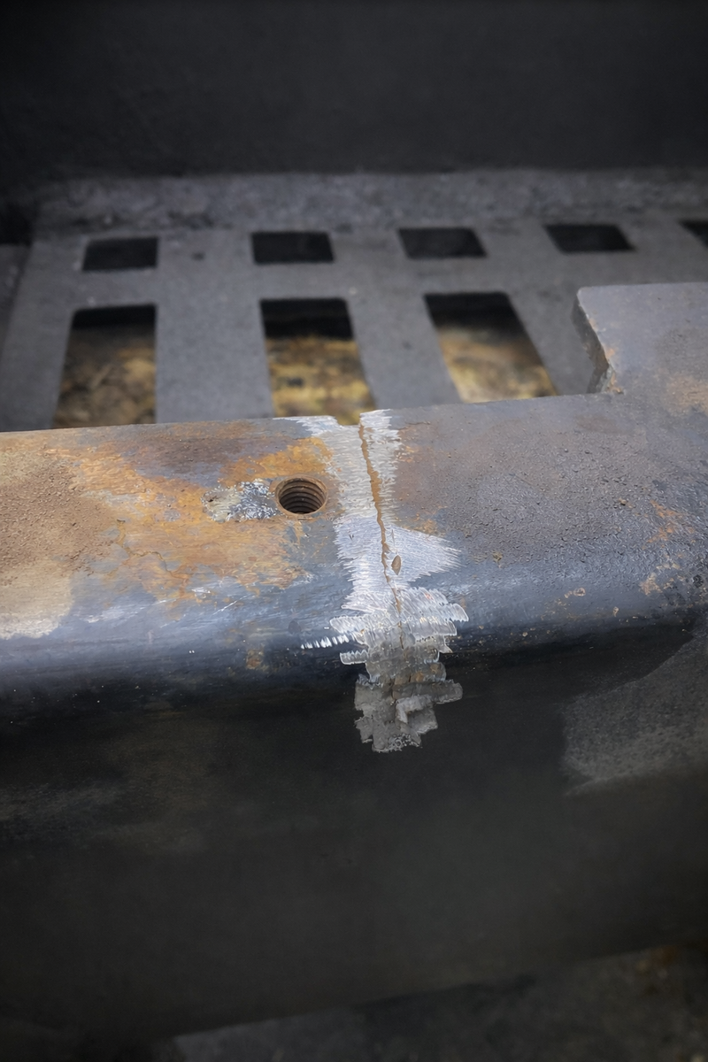 Рама гусеничной машины после ревизии. Локальное усиление и подварка без изменения силовой схемы — типичная причина повторных трещин рядом с ремонтом.