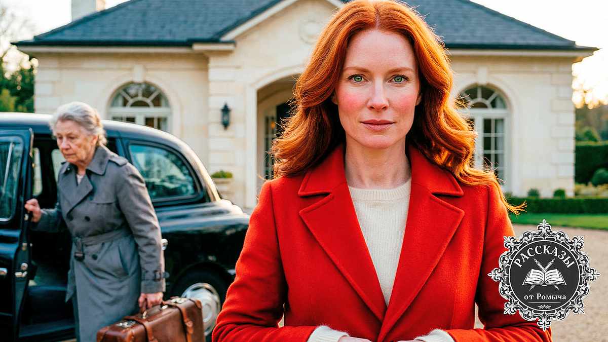 Рыжеволосая женщина в ярко-красном пальто наблюдает за отъездом пожилой женщины из роскошного дома