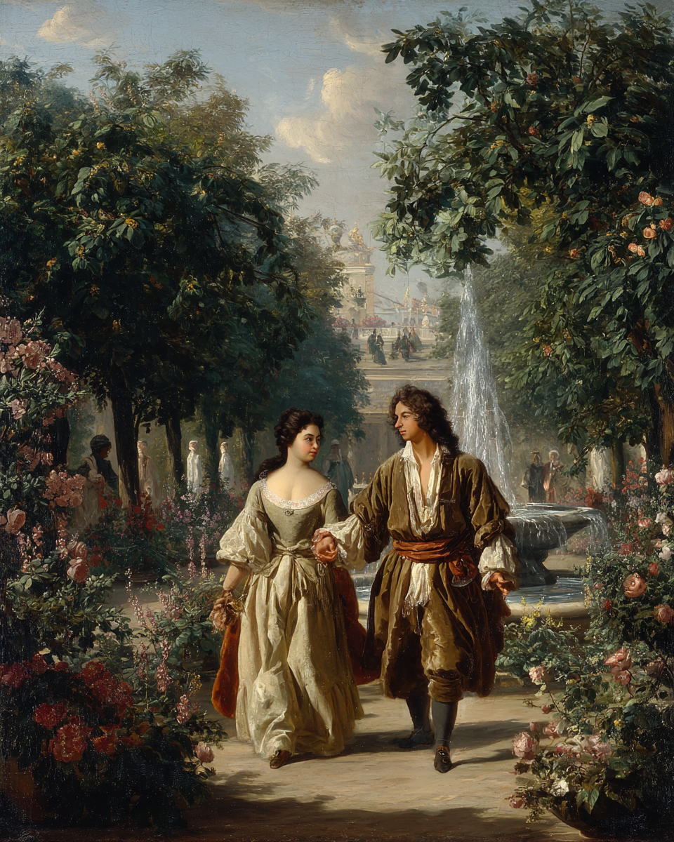 Молодая Мария Кантемир и Петр I в летнем саду