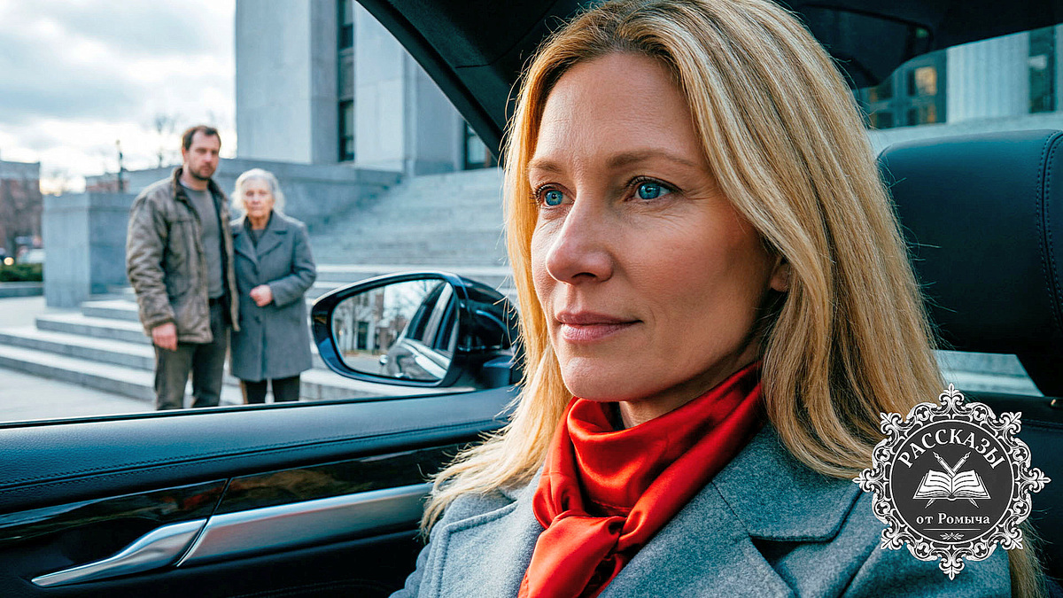 Женщина в красном платке наблюдает в зеркало за бывшим мужем и свекровью на фоне суда