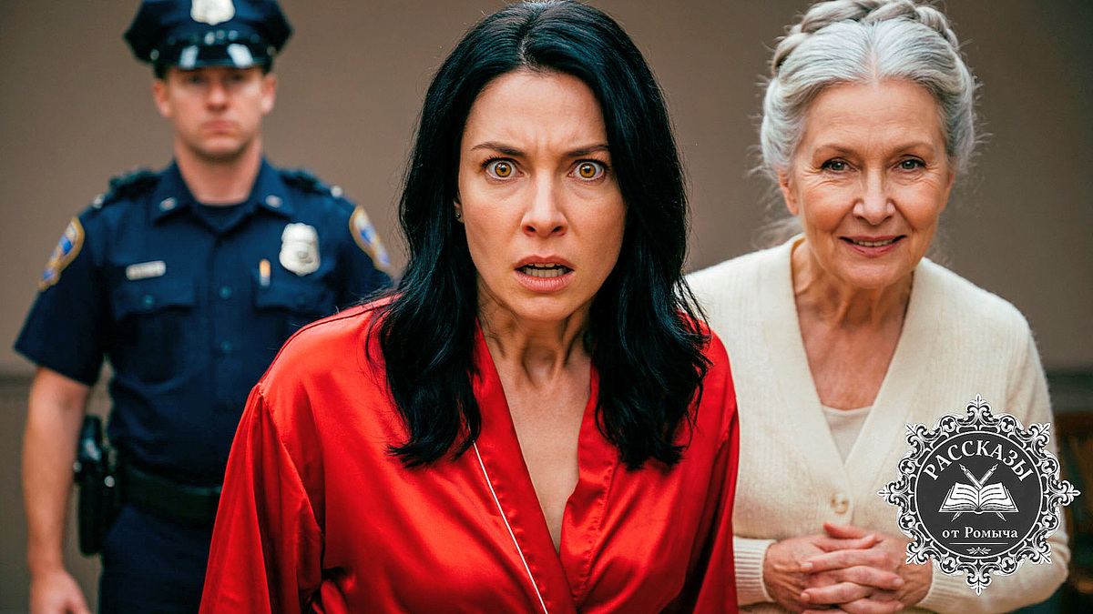 Молодая женщина в ярко-красном халате застыла в шоке, пока пожилая свекровь с торжествующим видом стоит позади нее в роскошном интерьере