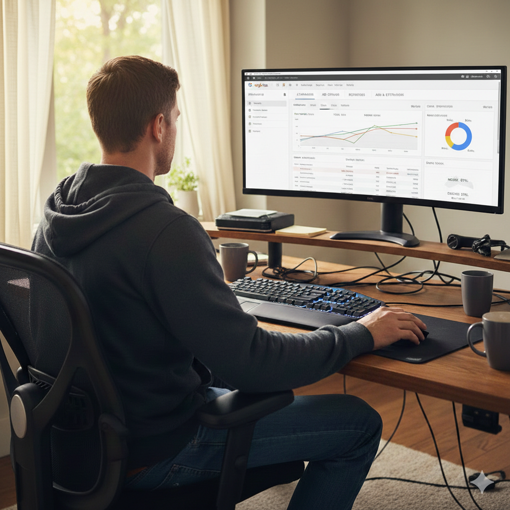 Мужчина сидит за столом за компьютером 