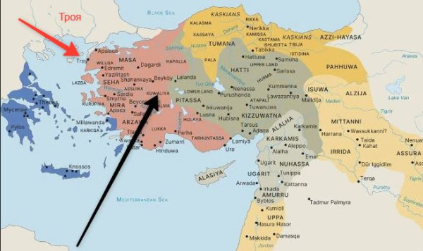 Территории Лувии (красный) в западной части Малой Азии около 1200 г. до н. э. (по Франку Старку; Фреду Вудхейзену; © Luwian Studies
