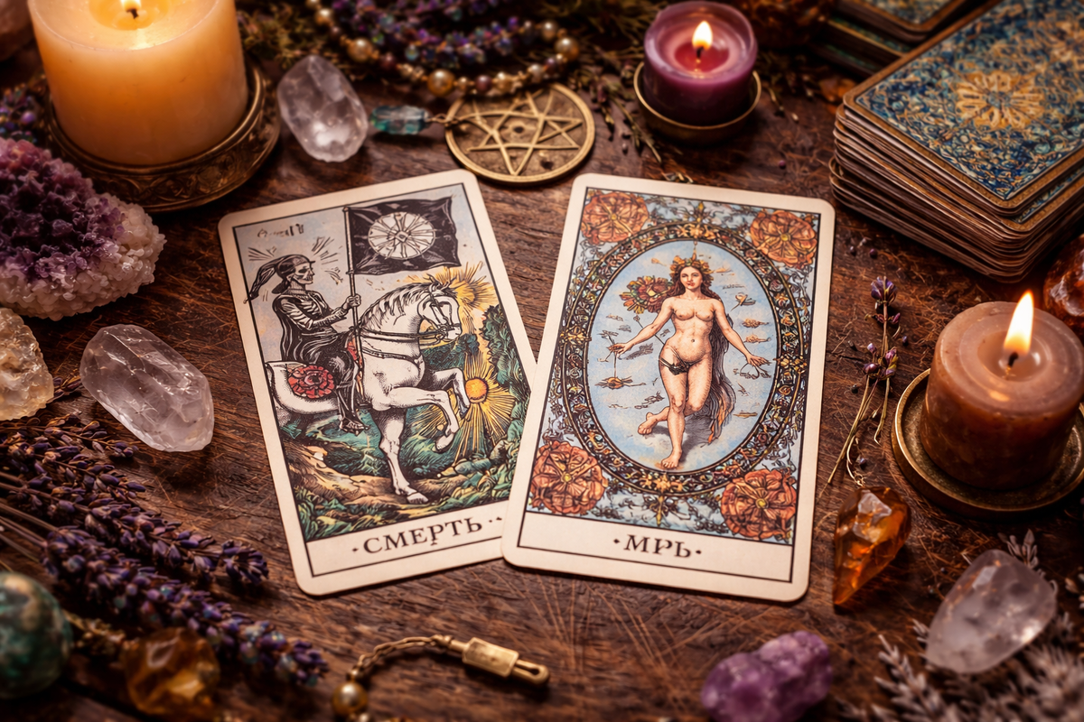 Сочетание Карт Таро Смерть и Мир на деревянном столе с кристаллами и свечами для гадания.