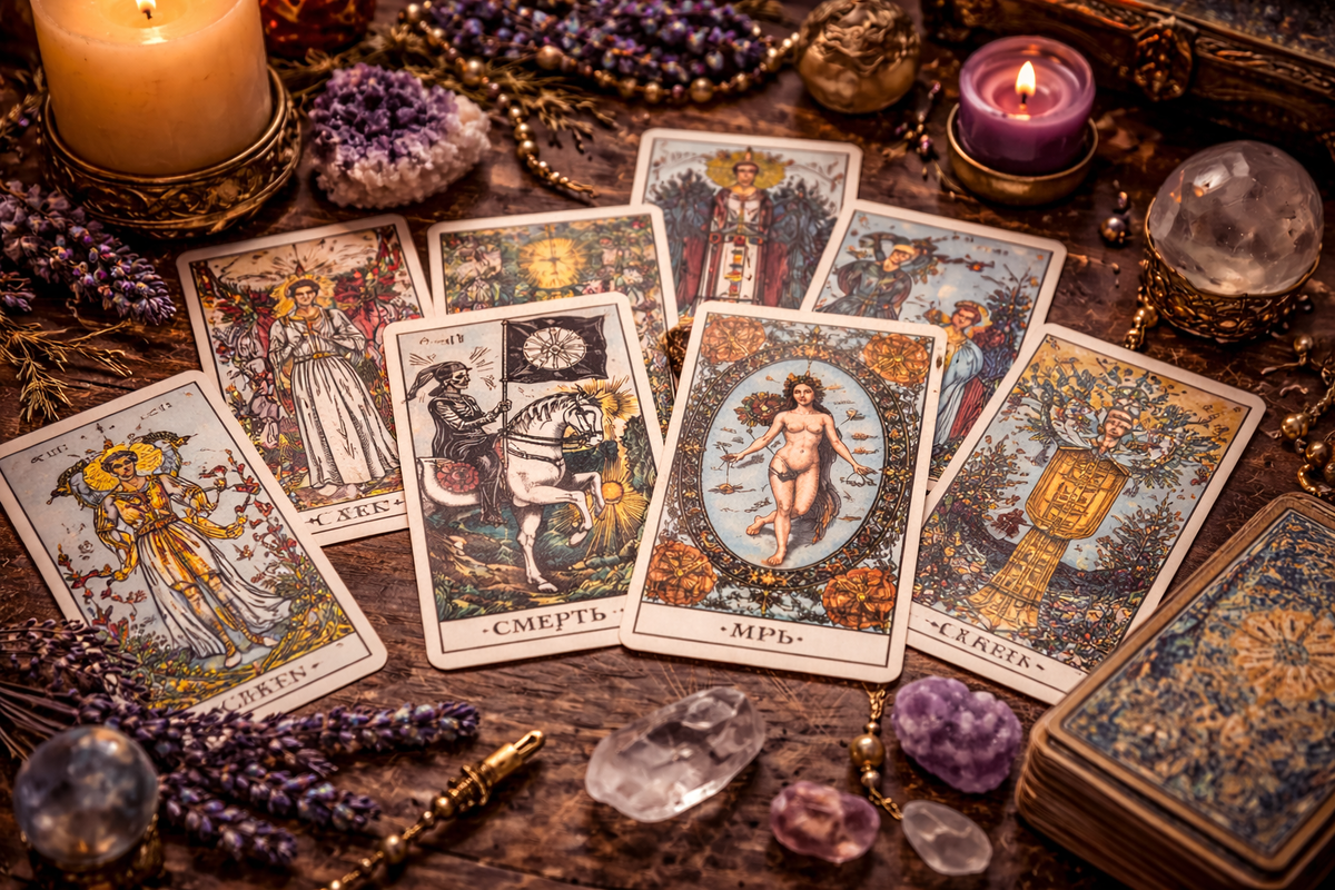 Смерть и Мир Таро в раскладе среди других карт и атрибутов для гадания.