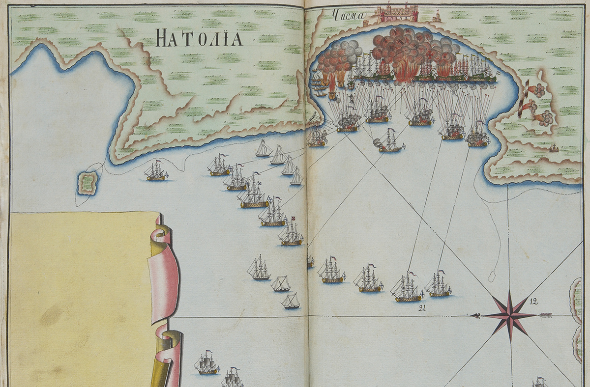 Страницы из дневника С. П. Хметевского, посвященные диспозиции русского и оттоманского флотов под Чесмой.