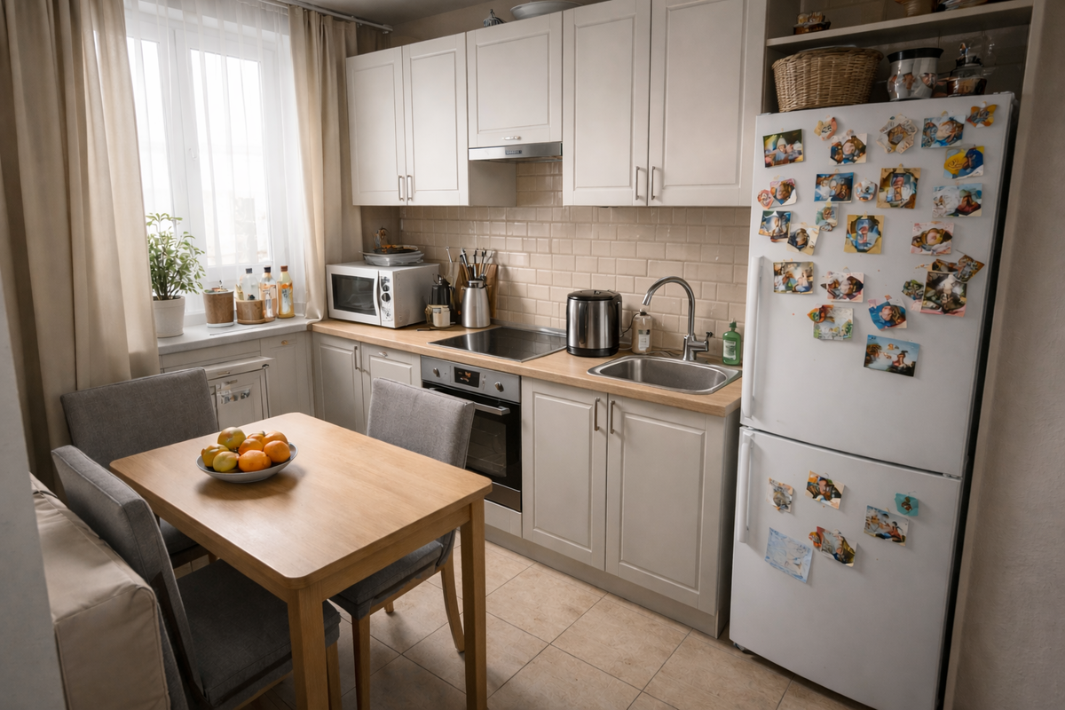 Кухня с визуальным сужением пространства за счет мелких деталей