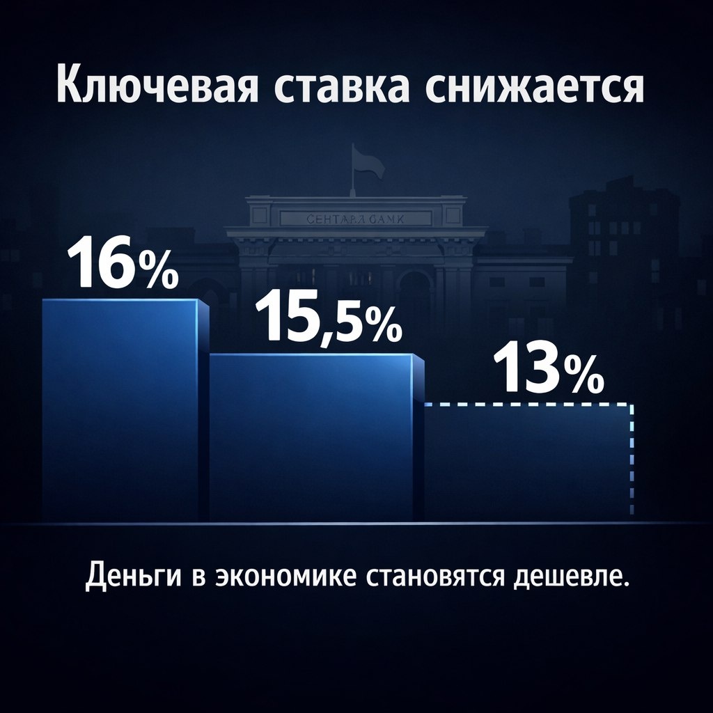Как меняется ключевая ставка от 16% к 15,5% и целевым 13%