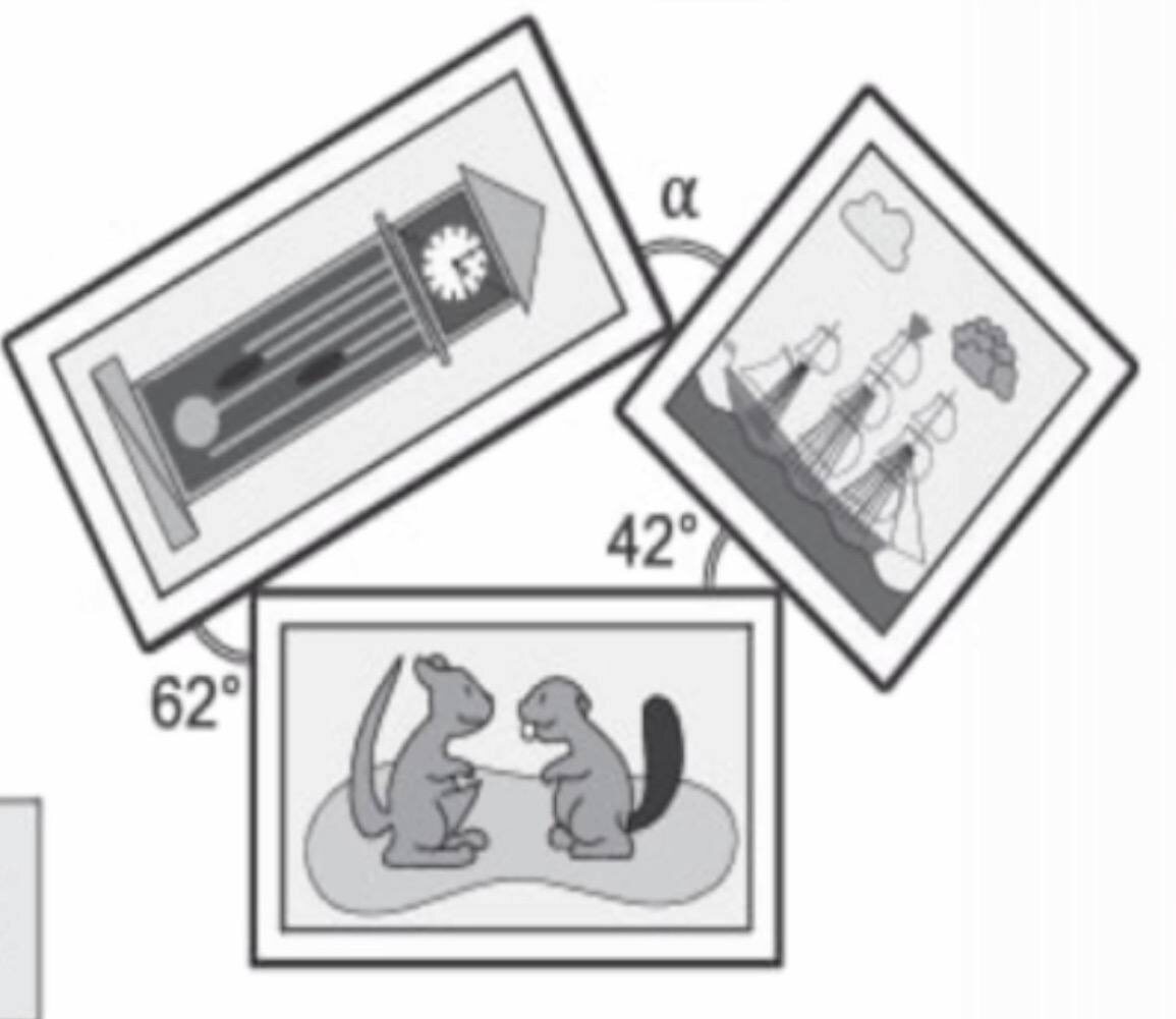 Все картины прямоугольные, это само собой. Прямые углы 90 градусов, развернутые 180 градусов. Сумма углов треугольника 180 градусов. Это подсказки. Вдруг вы чуть подзабыли.