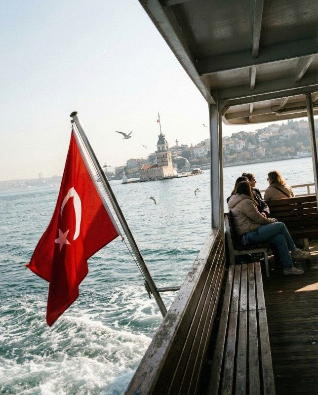 Босфор днем, флаги на ветру и тишина у воды.