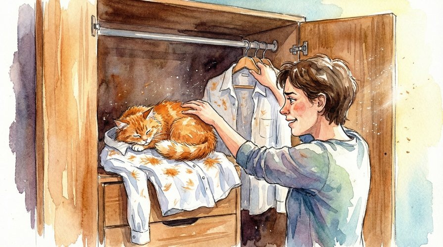 Кошка спит на вещах