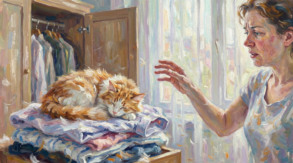 Кошка спит на одежде