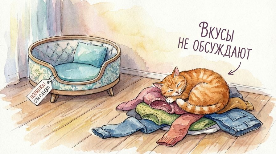 Кот спит на одежде хозяина