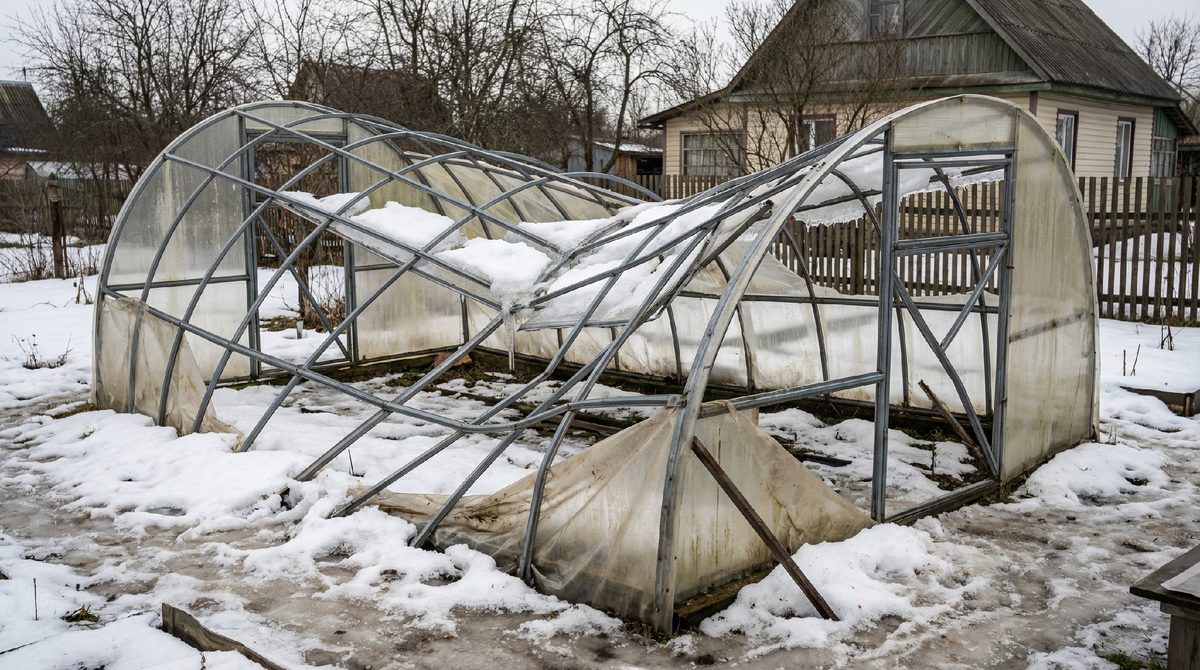 Поврежденная от снега теплица