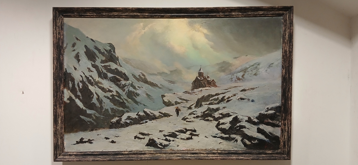 Работа А. Семагин "Горный монастырь" 1995, холст масло, 50х100. 