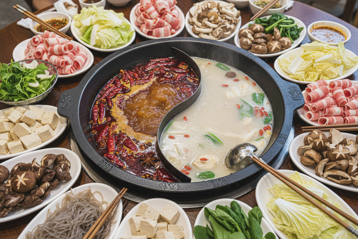 Хого еще называют «хот-пот» — это традиционный китайский метод готовки, когда в центре стола ставится острый, кипящий бульон, а участники трапезы сами варят в нем тонко нарезанное мясо, морепродукты, грибы и овощи