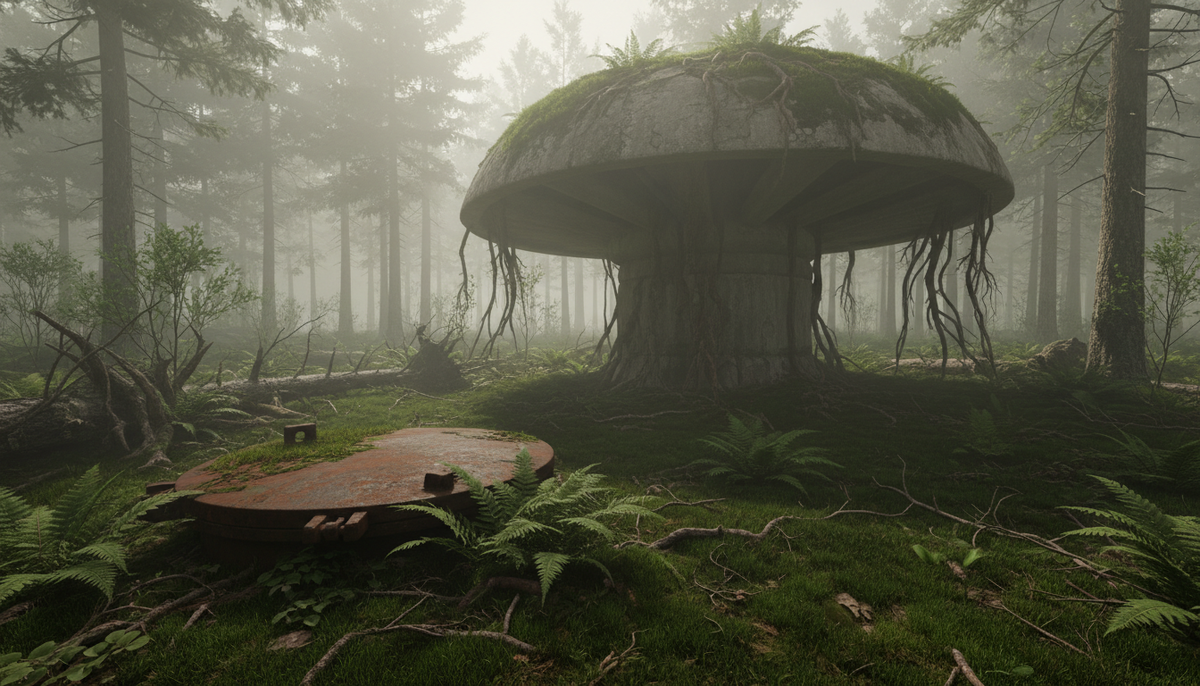 Старый бетонный вентиляционный грибок и люк подземного бункера в глухом лесу